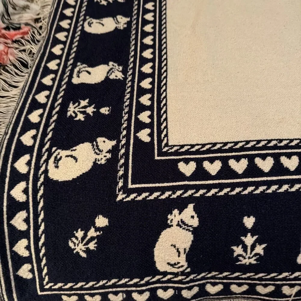 Vtg Cat Throw Blanket Woven Cotton Blue Cream Heart Reversible Grandmacore 45x66